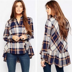 FREE PEOPLE Peppy in Plaid Brown Navy Button Down